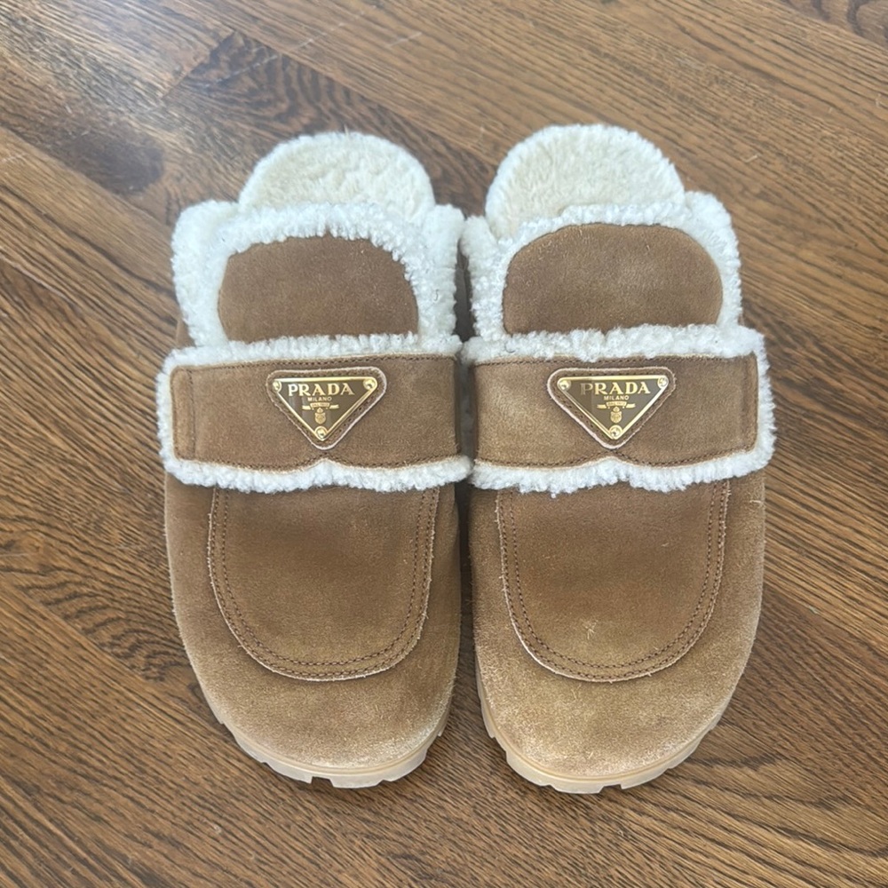 Prada Tan Suede Shearling Slides